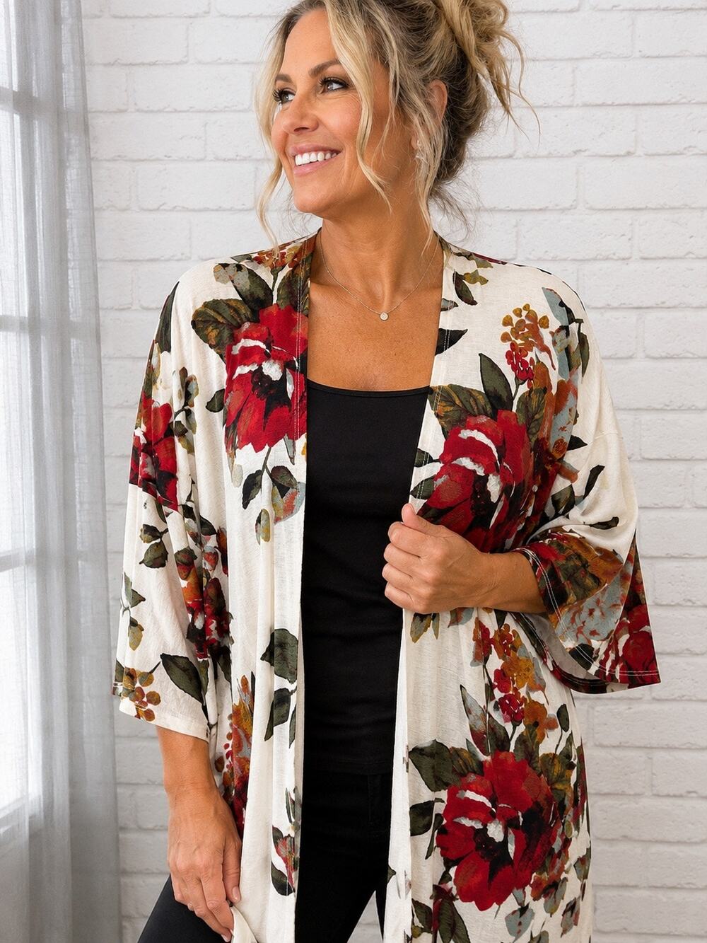 Lime N Chili Floral Open Front Cardigan Kimono 3/4 Sleeve Stretch Women’s M